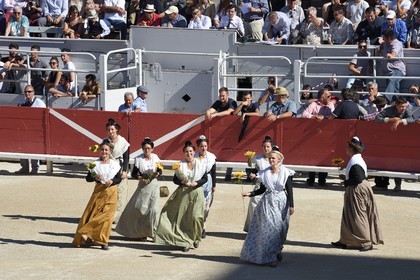 France, Bouches-du-Rhône (13), Arles, spectacle précédant la course camarguaise  de la Cocarde d'Or aux Arènes