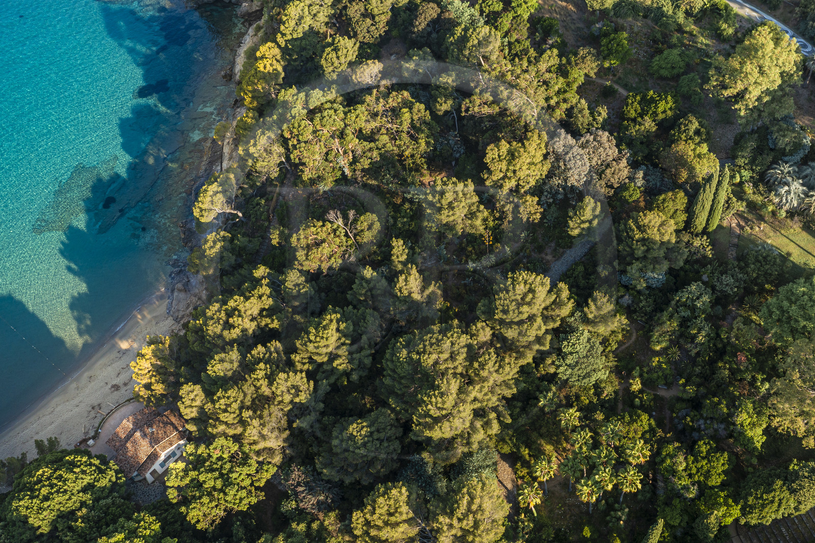 France, Var, Le Rayol Canadel sur Mer, Domaine du Rayol, Conservatoire du Littoral Estate compulsory mention, Jardin des Mediterranees designed by landscaper Gilles Clément (aerial view)