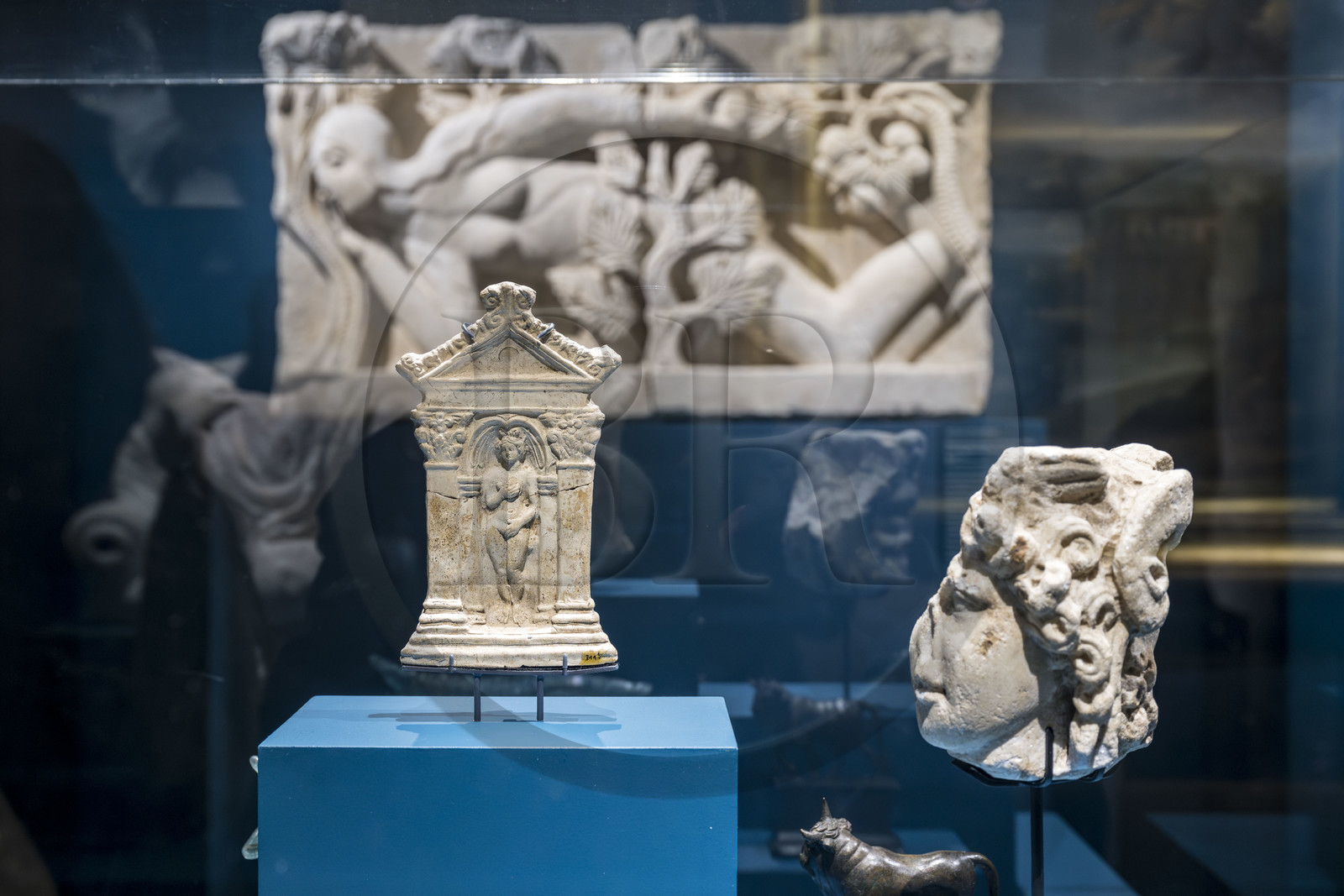 France, Saone et Loire, Autun, Rolin Museum, exhibition of masterpieces at the Natural History Museum during the works, Nude Venus rising from the sea, Gallo-Roman terracotta plaque displayed in a small domestic shrine