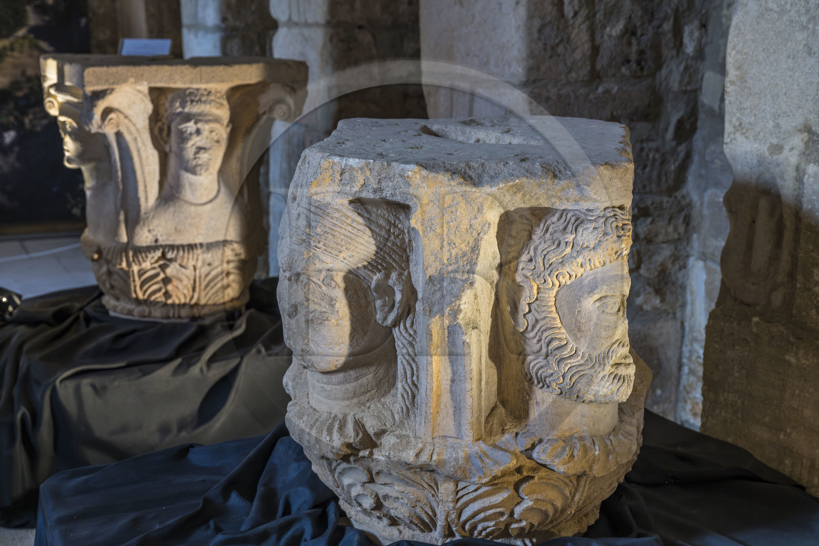 France, Bouches du Rhone, Regional Natural Park of the Alpilles, Saint Remy de Provence, Hotel de Sade, center of the National Monuments, which houses the archaeological museum of the Glanum site, capitals with figures from the agora (end of the 2nd century BC)