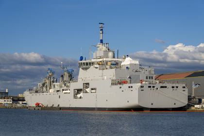 France, Loire-Atlantique, Saint-Nazaire, Penhoët floating dock, construction of a warship by Chantiers de l'Atlantique