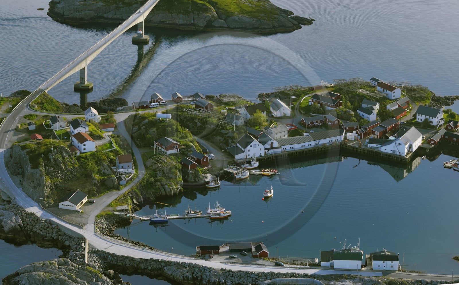 Norway, Nordland County, Lofoten Islands, Moskenes island , one of the many bridges, here between Hamnoy and Reine (aerial view)