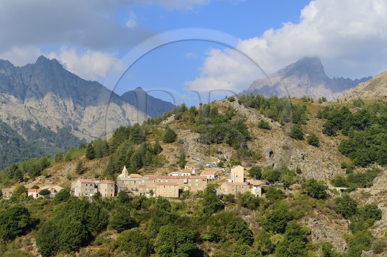France, Haute-Corse (2B), région du Niolu (Niolo), Calasima plus haut village de Corse (1 095m) au pied de la montagne du Paglia Orba en forme d’aileron de requin