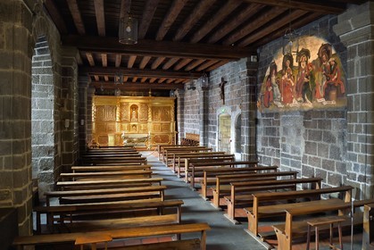 France, Haute Loire, Le Puy en Velay, Routes of Santiago de Compostela, the 12th century Our Lady (Notre-Dame-de-l'Annunciation) cathedral listed as World heritage by UNESCO, Chapel of the Relics or Chapel of the Blessed Sacrament which presents on an immense 17th century reliquary a contemporary copy of the statue of the Black Madonna and Child, on the right a 15th century mural from the old scriptorium representing the liberal arts