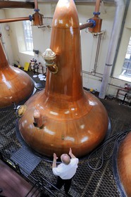 Royaume-Uni, Ecosse, Iles Orcades, Kirkwall, distillerie de whisky Highland Park, distillation du wash dans des alambics en cuivre Pot-stills