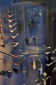 France, Dordogne, purple Perigord, Bergerac, Musee d’anthropologie du tabac (Tobacco Anthropology Museum) in the Peyrarede House built in 1604, collection of pipes