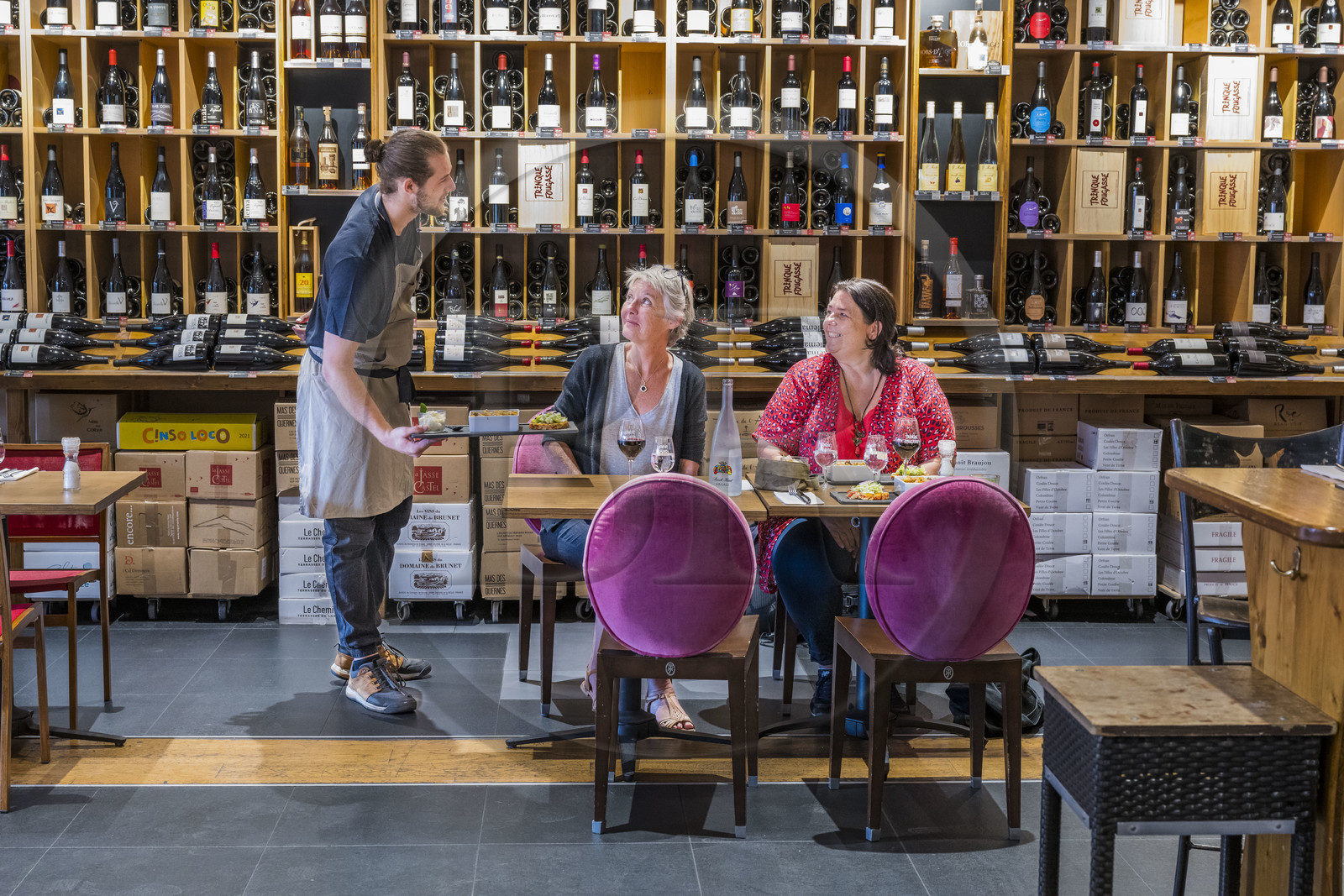 France, Herault, Montpellier, Port Marianne district, around the Bassin Jacques Coeur, wine tasting bar and restaurant Le Trinque-Fougasse