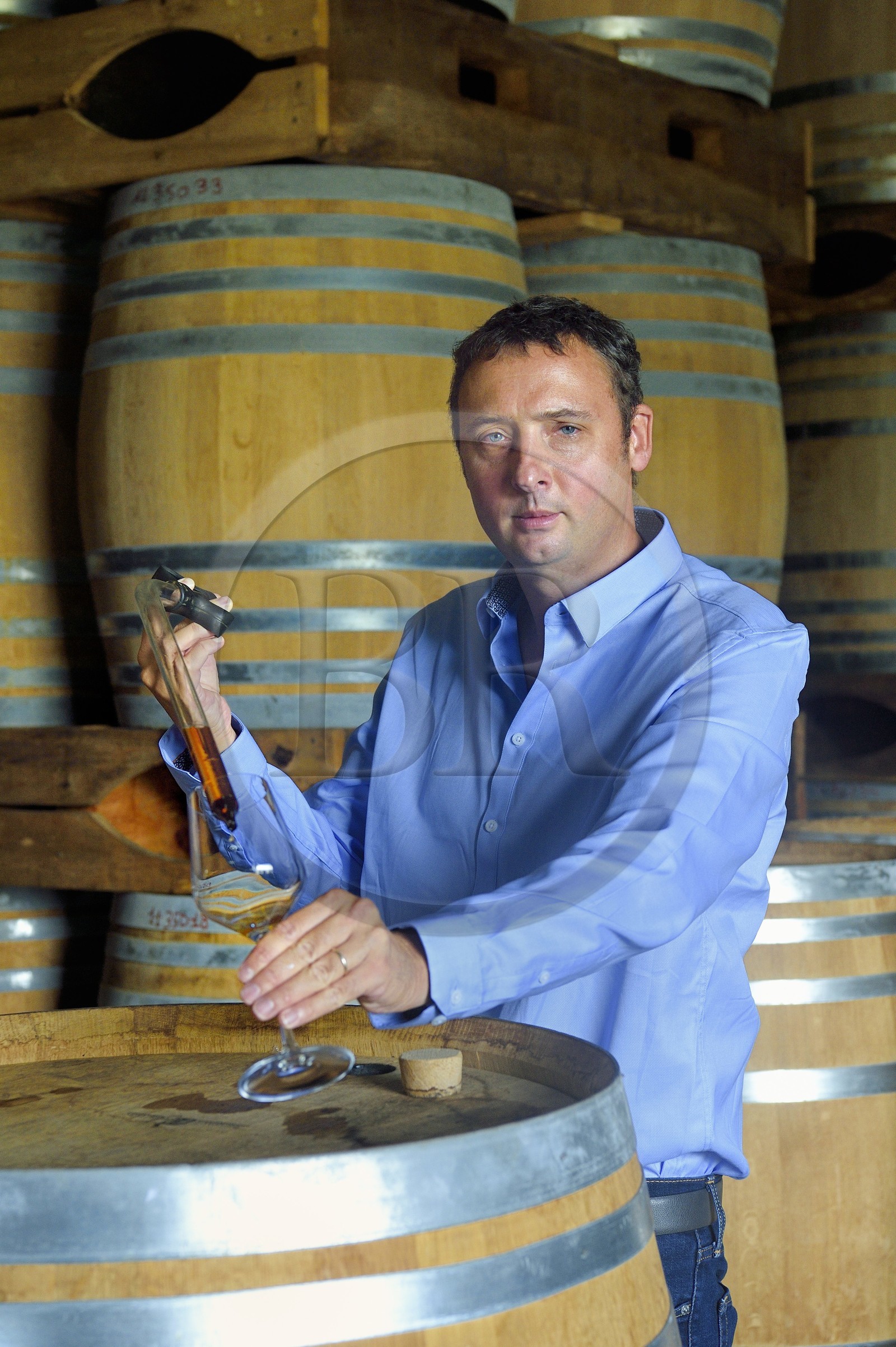 France, Ile de la Reunion, Saint Pierre, domaine de la distillerie Isautier, vieillissement des rhums vieux dans les chais entre 6 et 14 mois en futs neufs puis plusieurs années ensuite par lot en futs roux, Cyril Isautier directeur de la branche rhums et punchs du groupe Isautier fait un prélèvement à la pipette pour une dégustation