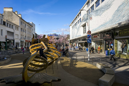 France, Loire-Atlantique, Saint-Nazaire, Dragon Des Mers children's playground on Avenue de la République, with Le Paquebot shopping center in the background