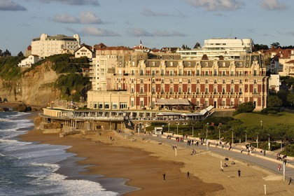 France, Pyrenees Atlantiques, Basque Country, Biarritz, the Grande Plage (town's largest beach) and the Hotel du Palais