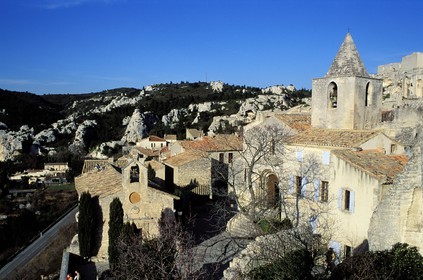 France, Bouches du Rhone, Les Baux de Provence village, labelled Les Plus Beaux Villages de France (The Most Beautiful Villages of France), Saint Vincent church and white penitents chapel