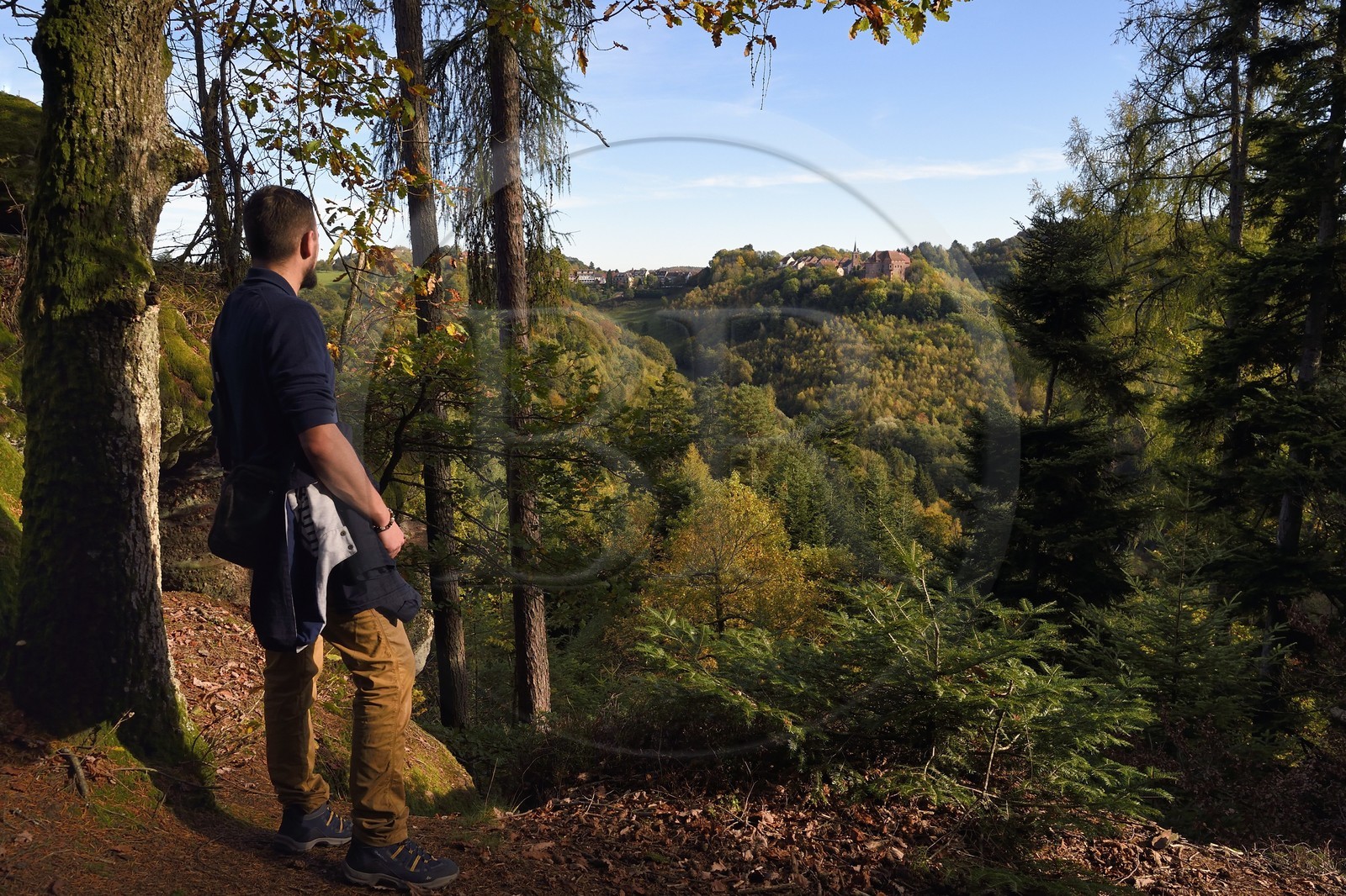 France, Bas-Rhin (67), Parc Naturel régional des Vosges du Nord, La Petite Pierre, randonneur au Rocher Blanc qui permet de bénéficier d’une belle vue sur la vieille ville et le Chateau
