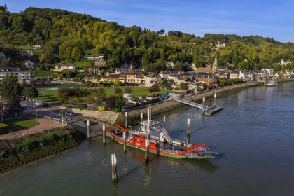 France, Seine-Maritime, Norman Seine River Meanders Regional Nature Park, the ferry crossing the Seine river at the village of La Bouille (aerial view)