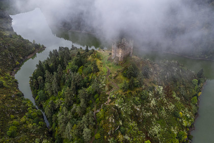 France, Cantal (15), Gorges de la Truyère, Alleuze, ruines féodales perchées du château fort d'Alleuze du XIIIe siècle reconstruit en 1405 (vue aérienne)