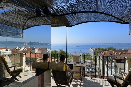 Portugal, Lisbon, Chiado district, terrace with view on the south bank of the Tagus river