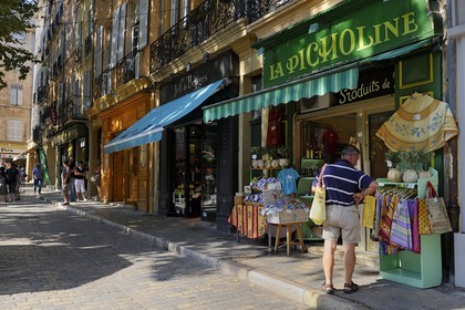 France, Bouches-du-Rhone, Aix-en-Provence, shops on the Place de l'Hotel de ville