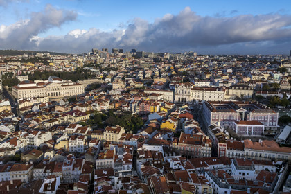 Portugal, Lisbon, Misericordia district to the west of Bairro Alto, on the left the Sao Bento Palace which houses the Assembly of the Portuguese Republic, in the center the Igreja de Nossa Senhora das Merces church adjacent to the Passos Manuel School on the right (aerial view)