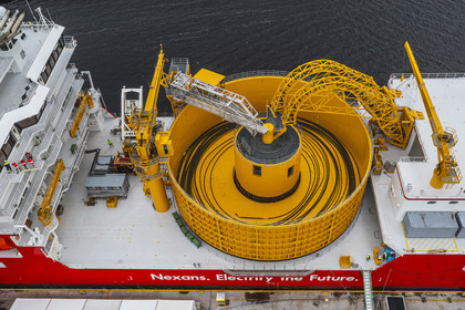 Norway, Ostfold County, Halden, Nexans Aurora cable-laying vessel, vessel for laying electric cables, connecting and repairing these cables, the turntable which has the capacity to carry up to 10,000 tonnes of cables (aerial view)