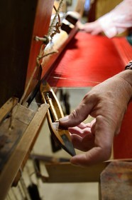 France, Rhone, Lyon, historical site listed as World Heritage by UNESCO, Vieux Lyon (Old Town), Saint George district, Jacquard loom at the silk trade (Soierie) Saint-Georges, shuttle for the passage of gold wire