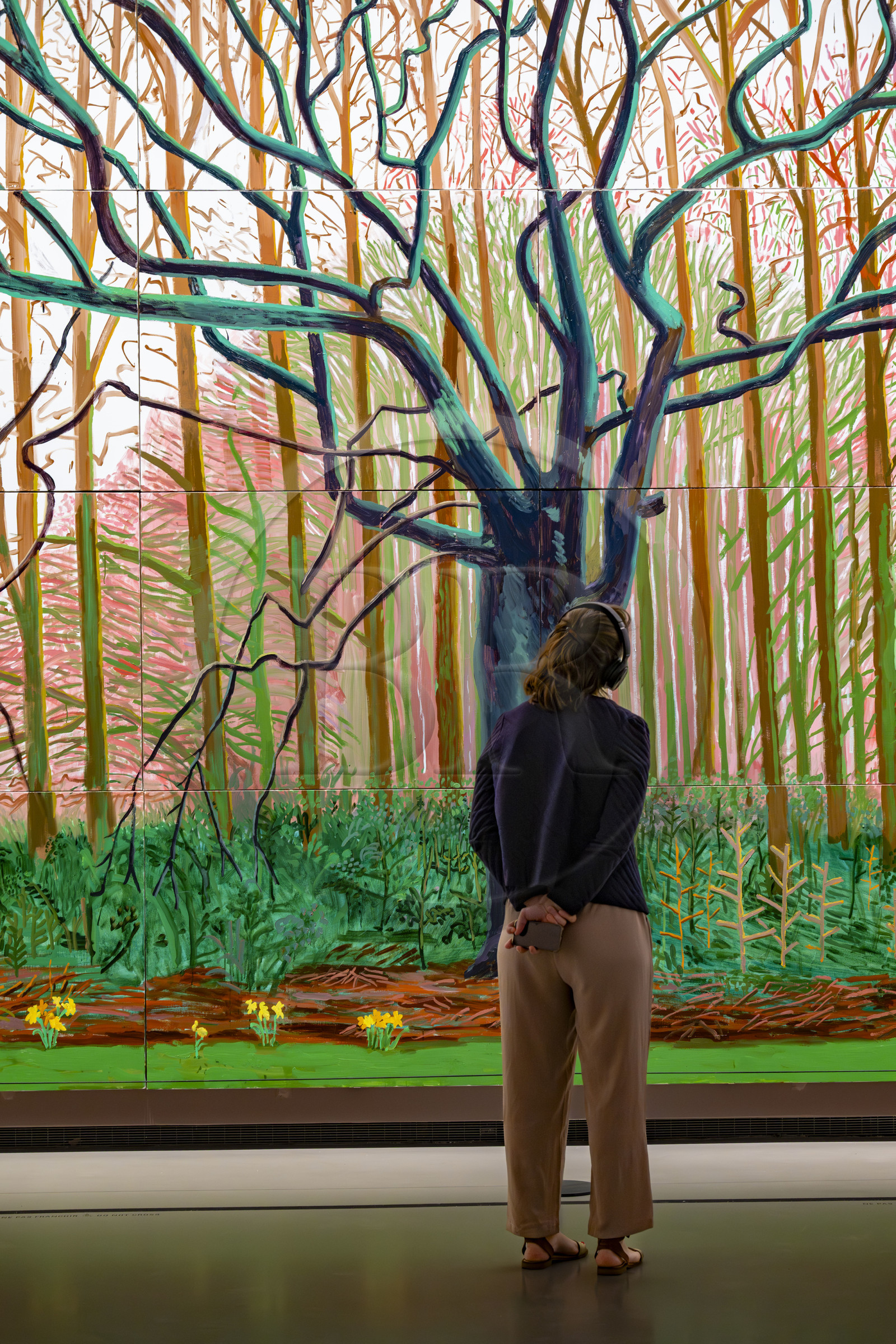 France, Paris, Bois de Boulogne, the Louis Vuitton Foundation by architect Frank Gehry, David Hockney exhibition 25, Bigger Trees near Water or ou Peinture sur le Motif pour le Nouvel Age Post-Photographique (2007), oil on 50 canvases (detail)