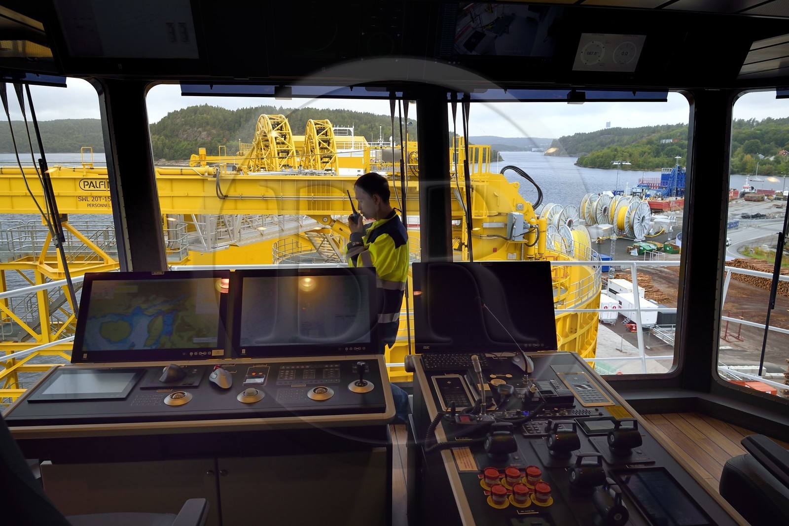 Norvège, comté d'Ostfold, Halden, navire cablier Nexans Aurora, centre de controle de la table tournante qui a une capacité d'emporter jusqu'à 10 000 tonnes de cables