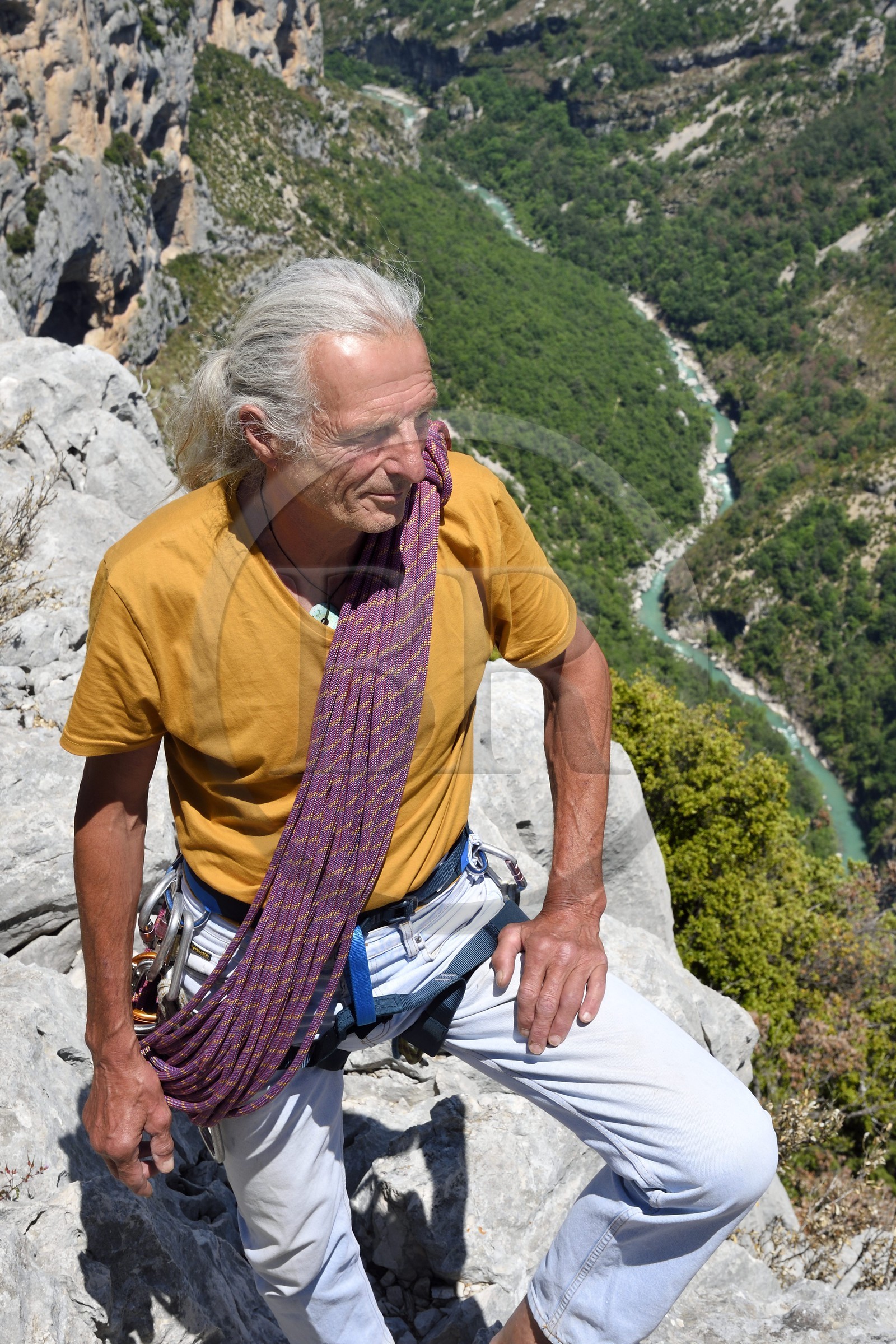 France, Alpes de Haute Provence, Parc Naturel Régional du Verdon, Grand Canyon of Verdon, La Palud Sur Verdon, point of view of the Dent d'Aire, Bernard Gorgeon one of the pioneers of climbing in the massif
