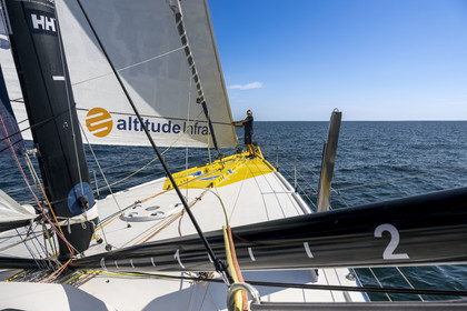 France, Vendee, Les Sables d'Olonne, skipper Manuel Cousin training on his 60-foot monohull sailboat IMOCA Coup de Pouce