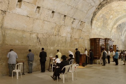Israel, Jerusalem, holy city, the old town listed as World Heritage by UNESCO, covered part of the Western Wall part of the retaining walls of the Temple Mount built by Herod the Great, Orthodox Jews praying