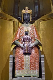 France, Haute Loire, Le Puy en Velay, Routes of Santiago de Compostela, the 12th century Our Lady (Notre-Dame-de-l'Annunciation) cathedral listed as World heritage by UNESCO, Chapel of the Relics or Chapel of the Blessed Sacrament which presents on an immense 17th century reliquary a contemporary copy of the statue of the Black Madonna and Child