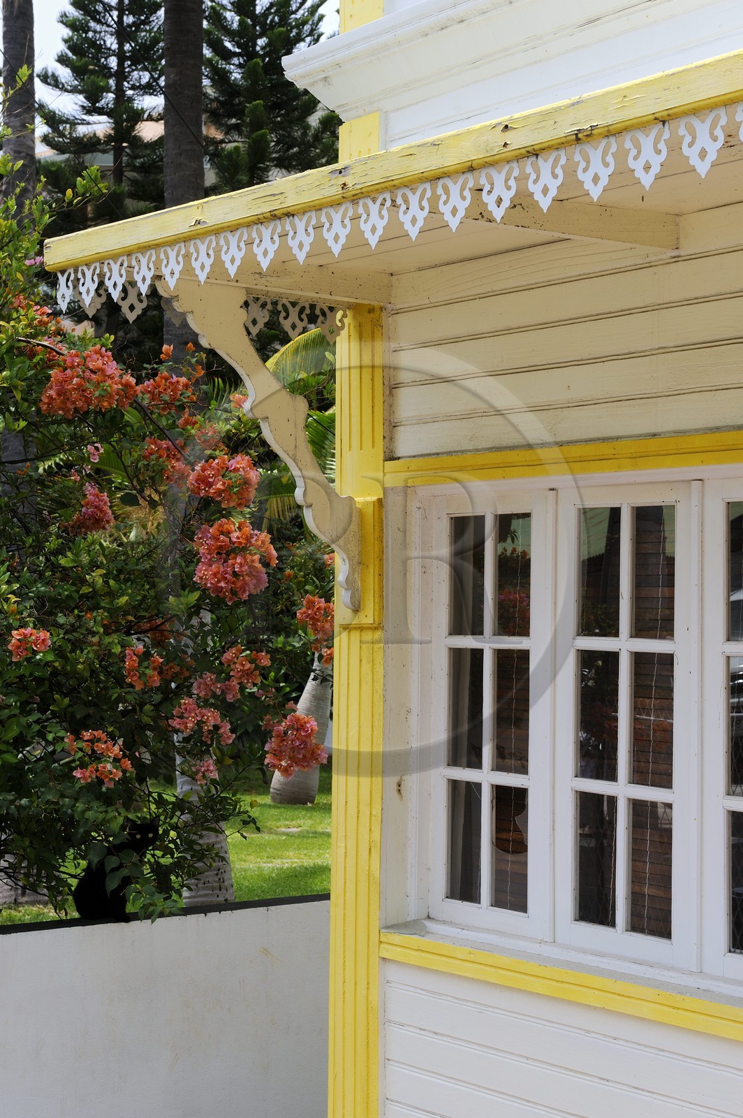 France, Ile de la Reunion, Saint-Gilles-Les-Bains, détail de la facade d'une case créole