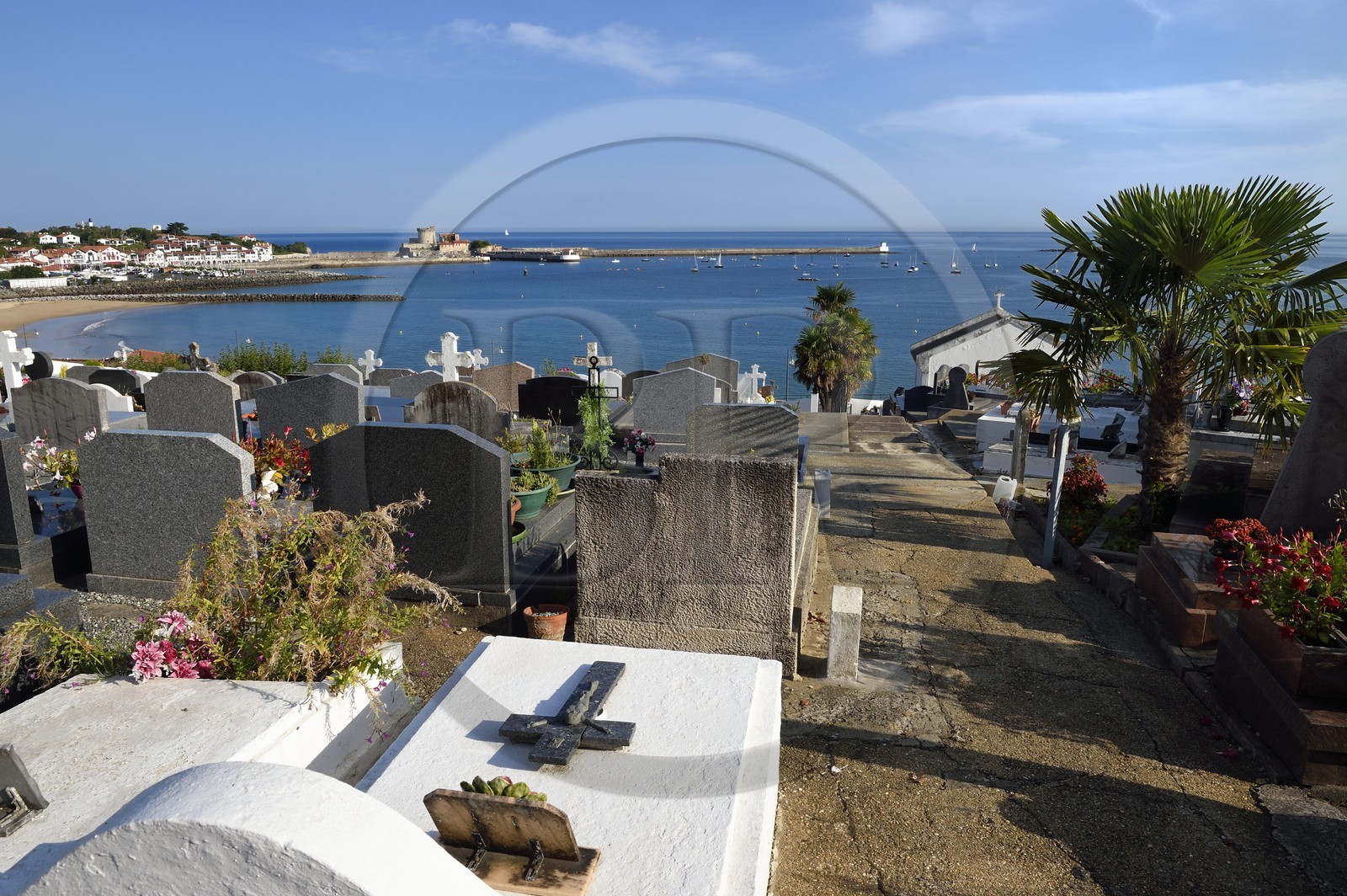 France, Pyrenees Atlantiques, Basque Country coast, Ciboure, Socoa marine cemetery and Socoa Fort in the background