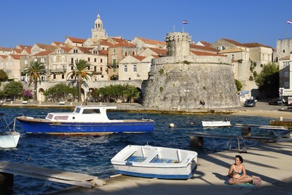 Croatia, Dalmatia, Dalmatian coast, Korcula Island, Korcula Town, defense tower on the port