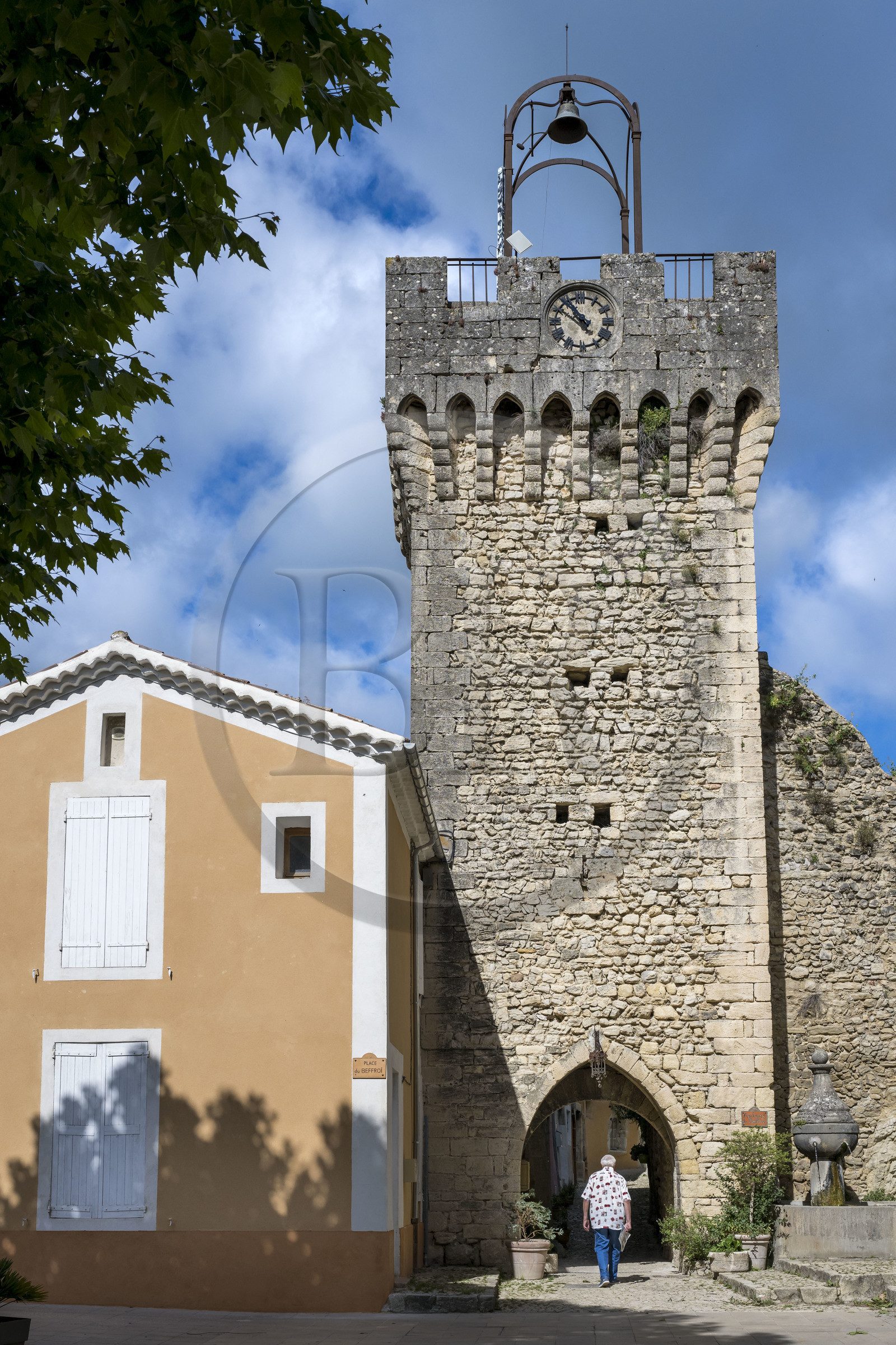 France, Drome, regional natural park of Baronnies provencales, Montbrun les Bains, labeled the Most Beautiful Villages of France, old gate of the ramparts at the entrance to the medieval village, the Belfry or clock tower