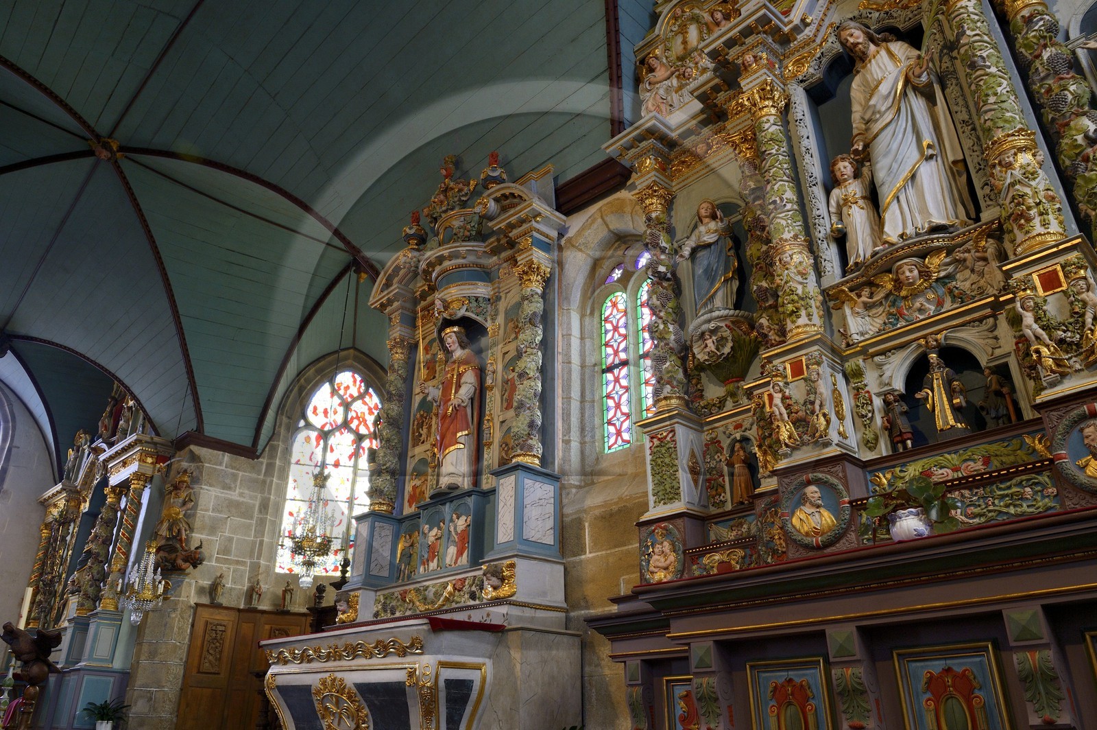 France, Finistère (29), Guimiliau, l'église et le calvaire dans l'enclos paroissial, Retable de Saint-Miliau