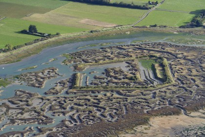 France, Ille et Vilaine, remains of a Viking camp abandoned in 939, the port city called Gardaine has a quadrangular fortified enclosure (aerial view)