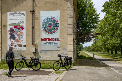 France, Vaucluse, Sarrians, former Sarrians-Montmirail station, now on the edge of the Via Venaissia cycle route, built on a former railway line, reproduction of posters promoting the purgative water of Montmirail for spa guests from the last century