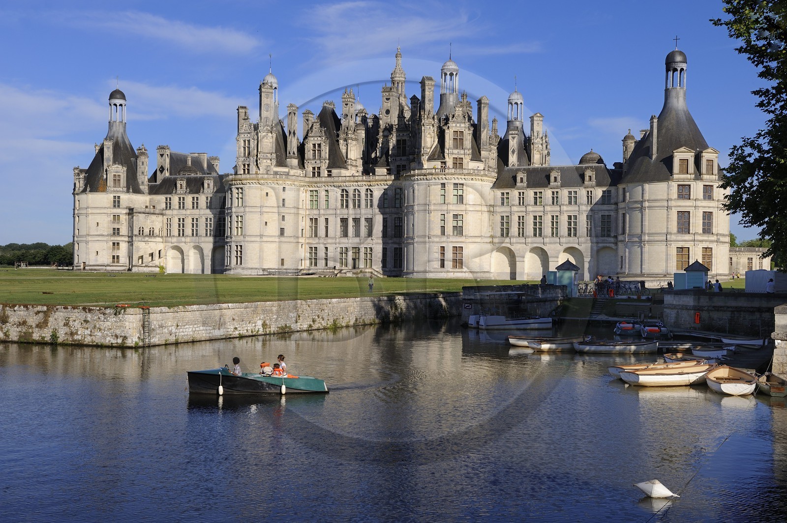 France, Loir et Cher (41), Vallée de la Loire classée Patrimoine Mondial de l' UNESCO, château de Chambord, découverte en barque électrique France, Loir et Cher, Loire Valley listed as World Heritage by UNESCO, Chateau de Chambord, discovery by small electric boat