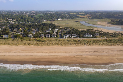 France, Cotes d'Armor, Grand Site de France Cap d'Erquy - Cap Frehel, Frehel, Sables-d’Or-les-Pins beach and the estuary of the Islet river (aerial view)