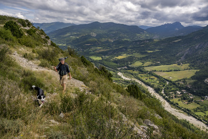 France, Drôme (26), parc naturel régional des Baronnies provençales, Rémuzat, Christian Tessier, directeur de l'association Vautours en Baronnies, part observer des vautours fauves sur le plateau Saint-Laurent longue vue sur l’épaule au dessus de la vallée de l'Oule