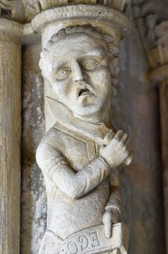 France, Seine-Maritime, Saint Martin de Boscherville, Saint-Georges de Boscherville Abbey of the 12th century, statue column of the chapter room representing a man cutting his throat to respect the rule of Saint Benoit