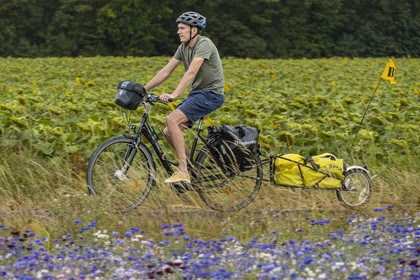 France, Maine-et-Loire (49), vallée de la Loire classée au Patrimoine Mondial par l'UNESCO, Saumur vers Saint-Hilaire, randonnée à bicyclette avec une remorque transportant le matériel de camping