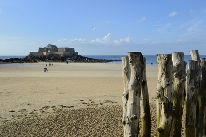 France, Ille-et-Vilaine, cote d'emeraude (Emerald Coast), Saint Malo, oak posts of the beach to protect the walls of the assault waves, Fort National built by Vauban and Garangeau in the seventeenth century