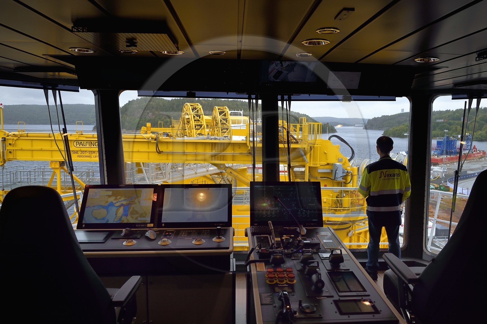 Norvège, comté d'Ostfold, Halden, navire cablier Nexans Aurora, centre de controle de la table tournante qui a une capacité d'emporter jusqu'à 10 000 tonnes de cables