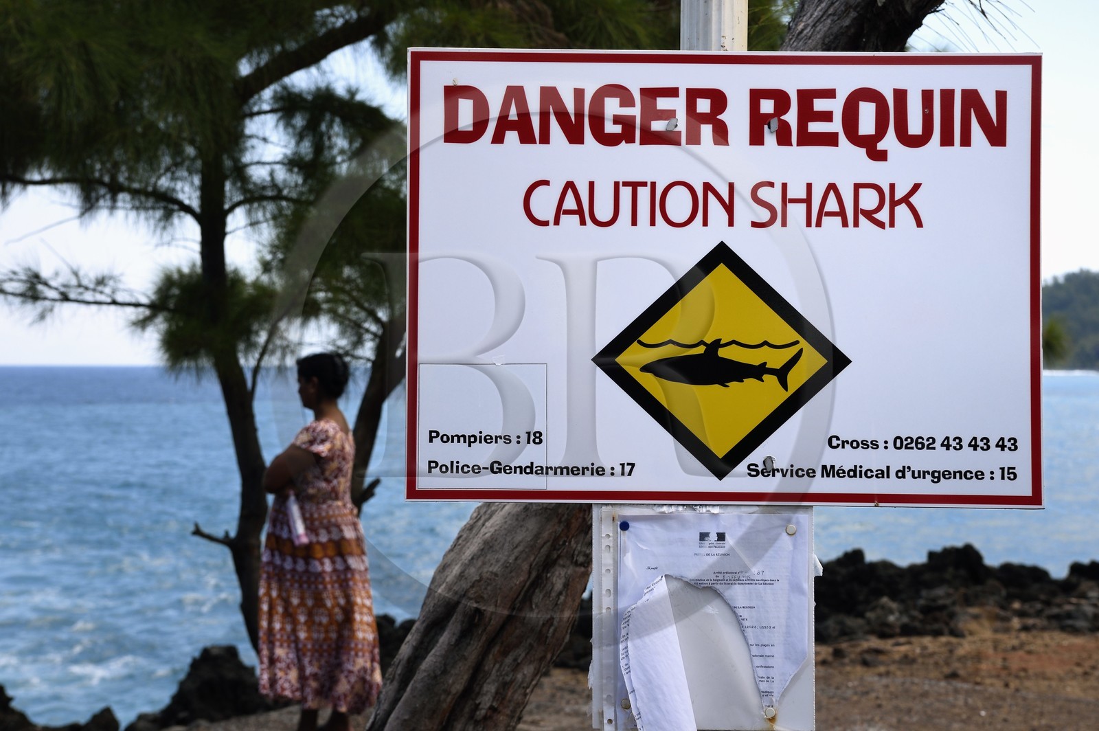 France, Ile de la Reunion, Saint-Joseph, le petit port de la Marine de Langevin, panneau Danger Requin mettant en garde sur la présence possible de requins