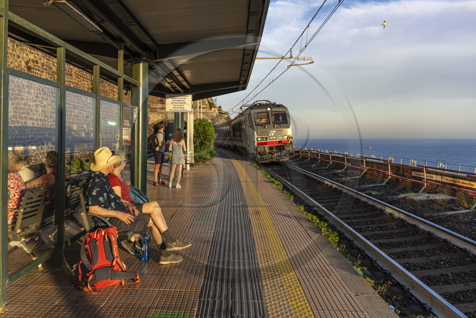 Italy, Liguria, Cinque Terre National Park listed as World Heritage by UNESCO, village of Manarola, the train entering the station