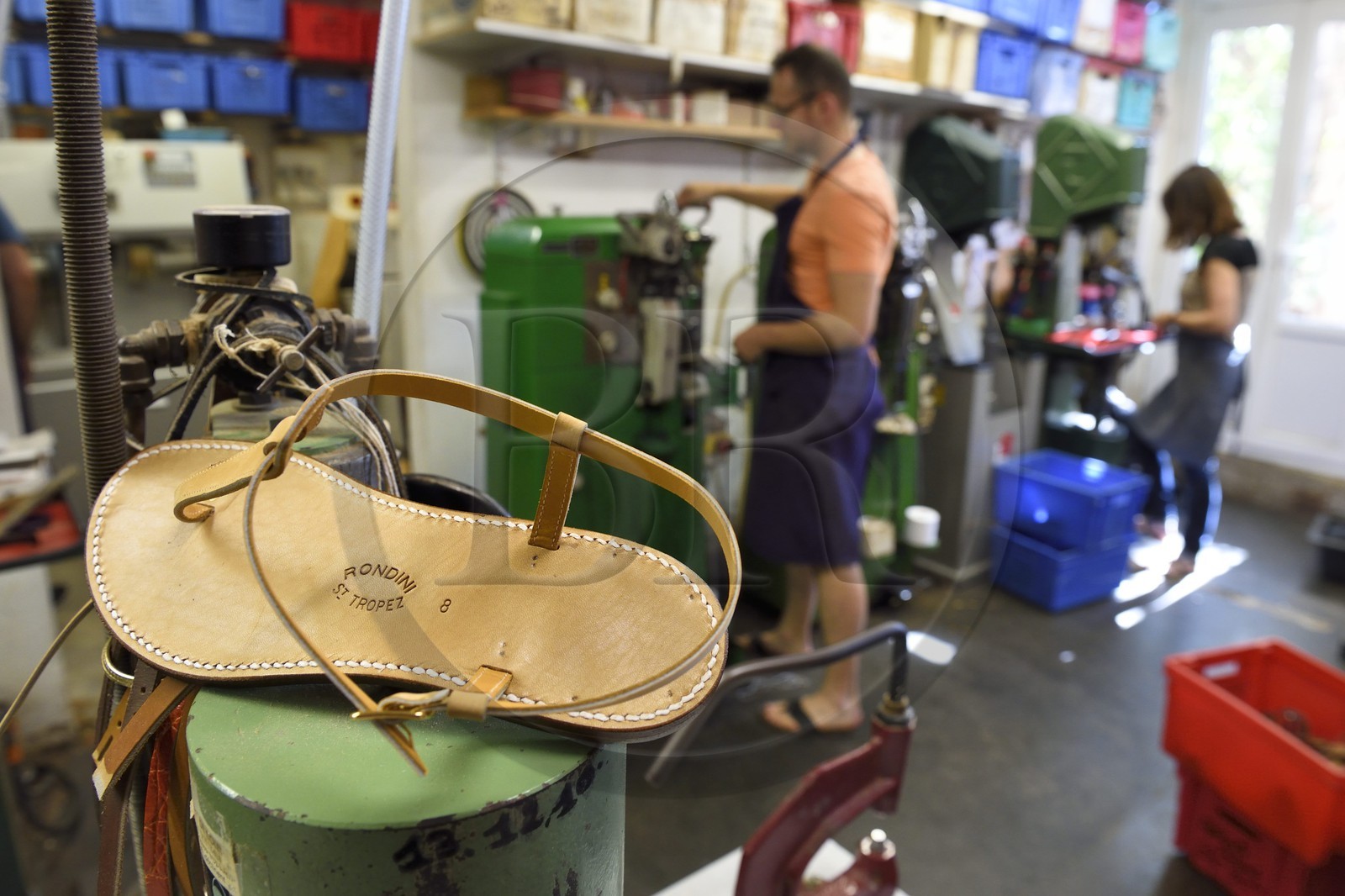 France, Var, Saint-Tropez, production of local sandals (Rondini sandals)