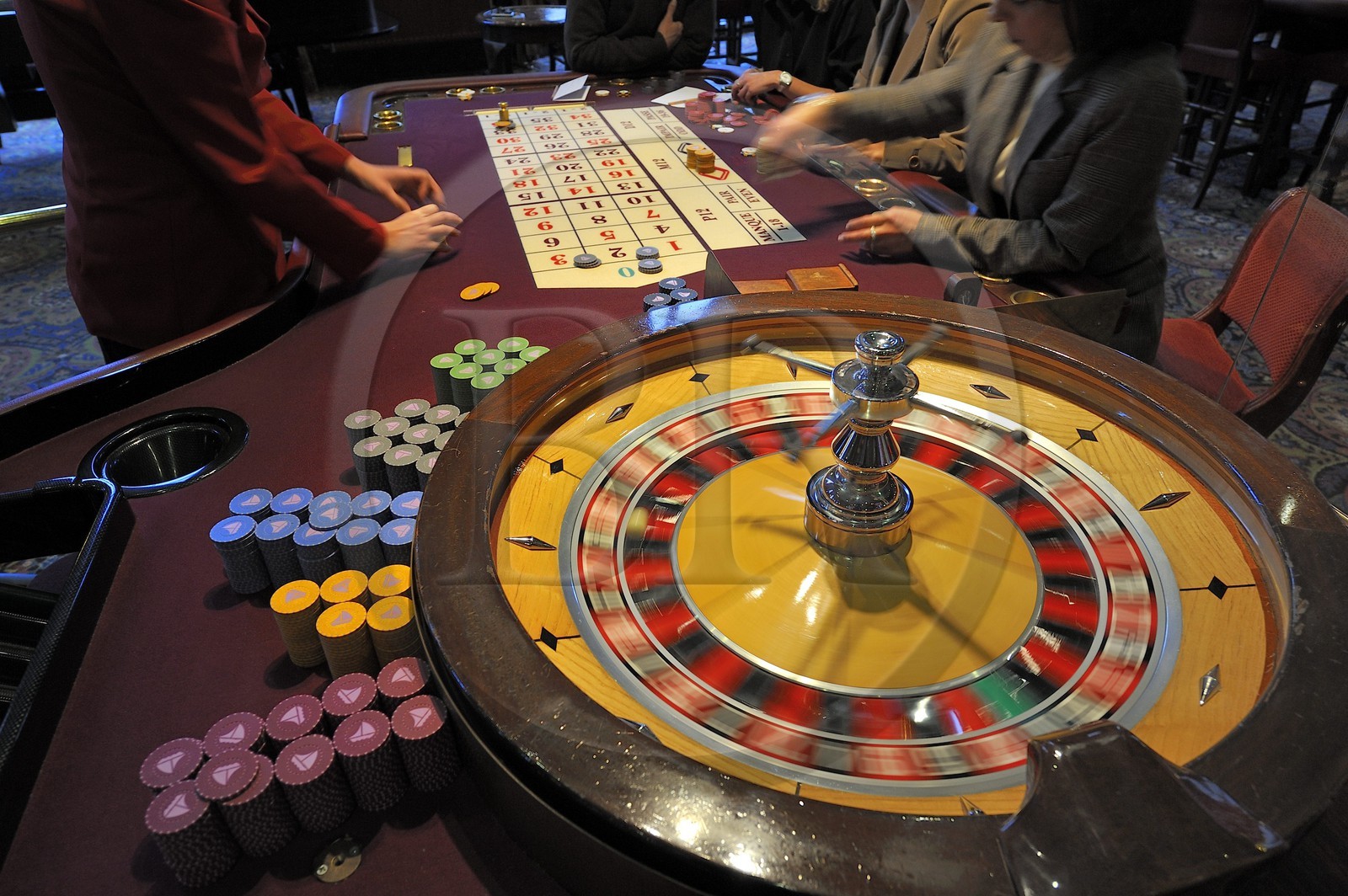 France, Calvados, Pays d'Auge, Deauville, the casino (Barriere group), English roulette wheel table