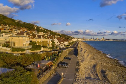 France, Seine Maritime, the town of Sainte-Adresse extends by the coast Le Havre that is in the background (aerial view)