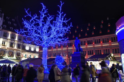 France, Bas-Rhin (67), Strasbourg, place Gutenberg, statue de Gutenberg et chambre de commerce en arrière plan, Illuminations de Noël, arbre éclairé avec des LED