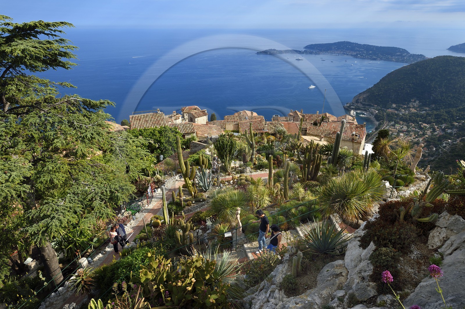 France, Alpes-Maritimes, the hilltop village of Eze and its Exotic Garden, Saint-Jean-Cap-Ferrat in the background